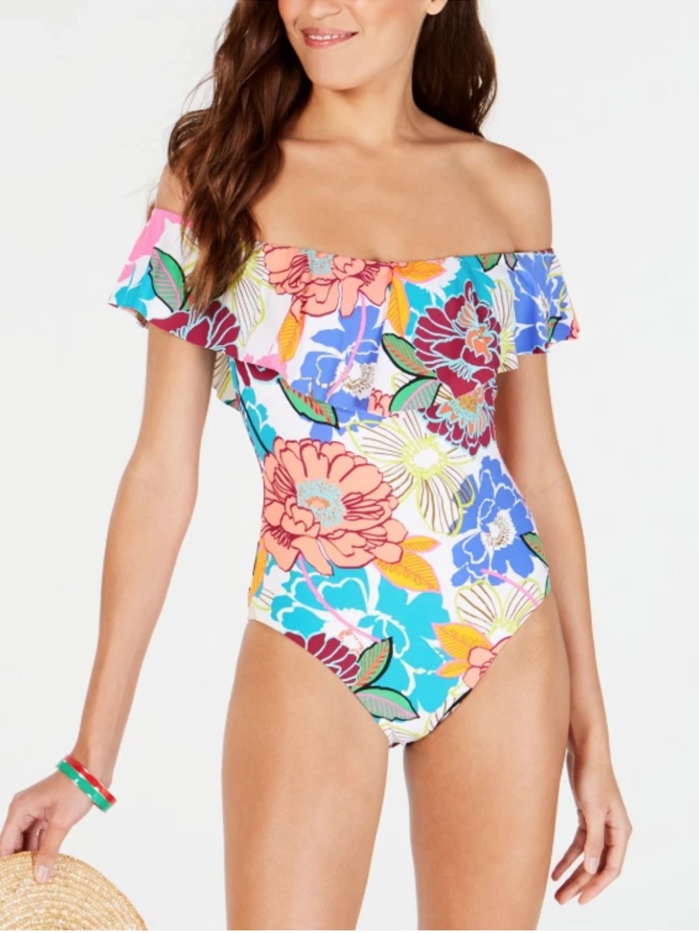 Trina Turk Off-Shoulder Floral One-Piece Swimsuit in Blue, Pink, Orange